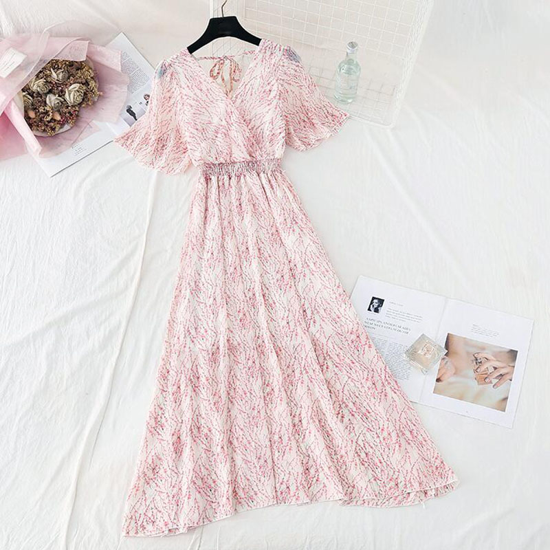 Floral Print Women Dress Summer elegant V-neck Vintage Pleated Chiffon Dresses Short sleeve Party Long Dress Robe Femme 210521