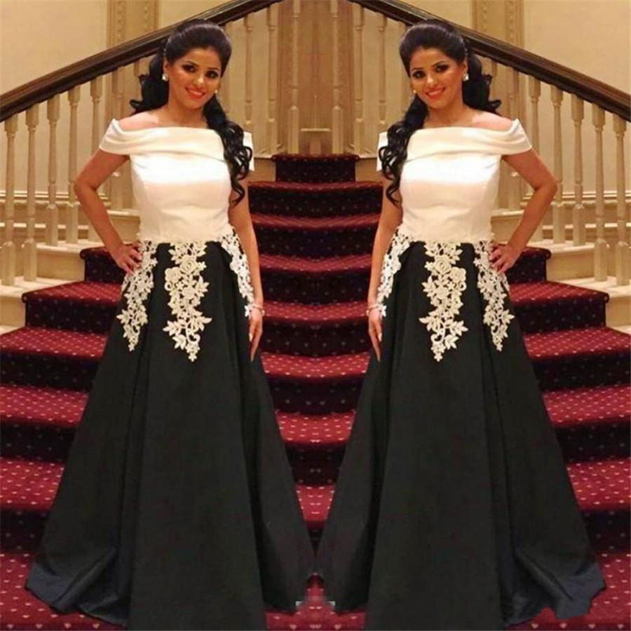Off The Shoulder Lace Appliques Evening Gowns Satin A Line Formal Party Dress Custom Made Saudi Arabic Black White Prom Dresses