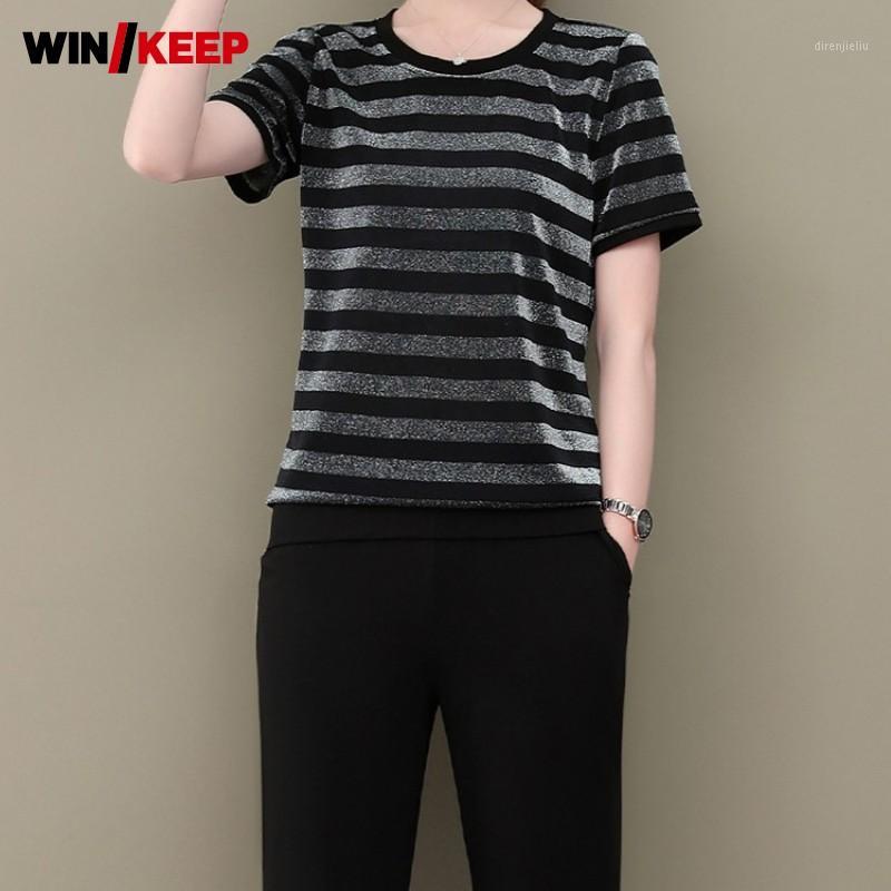 Running Sets Summer Women Short Sleeve Striped T Shirts Trousers Two Piece Set Leisure Tracksuit Elastic Waist Black Pants Sport, Black;blue
Running Sets Summer Women Short Sleeve Striped T Shirts Trousers Two Piece Set Leisure Tracksuit Elastic Waist Black Pants Sport, Black;blue