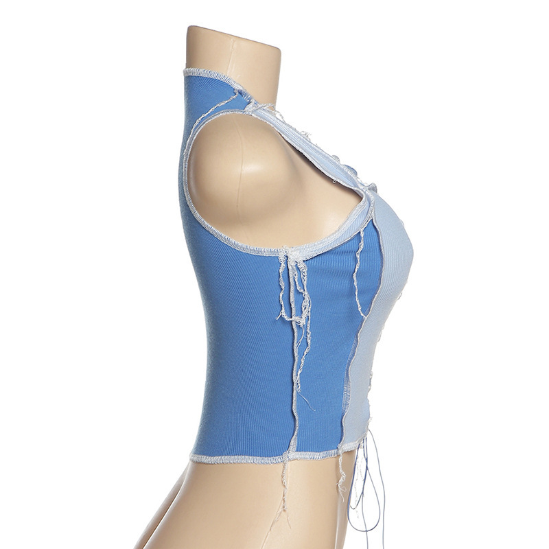 Women Camisole Sexy Bandage Cut Out Hole Crop Tops Summer Chic Punk Style Ribbed Knitting Tank Top Club Party Female Tee 210515