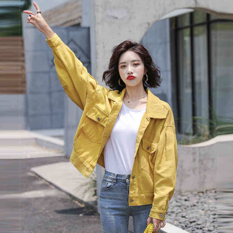 Autumn Korea Fashion Women Long Sleeve Loose Pink Jackets all-matched Casual Back Print Cotton Denim Short Coat S191 210512