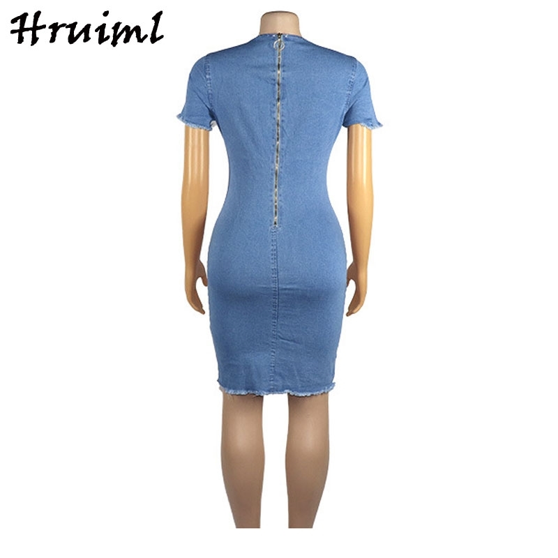 Solid Women's Summer Dress Denim Casual Fashion Bodycon Back Zipper Streetwear Plus Size Have Elasticity Hole Mini 210513