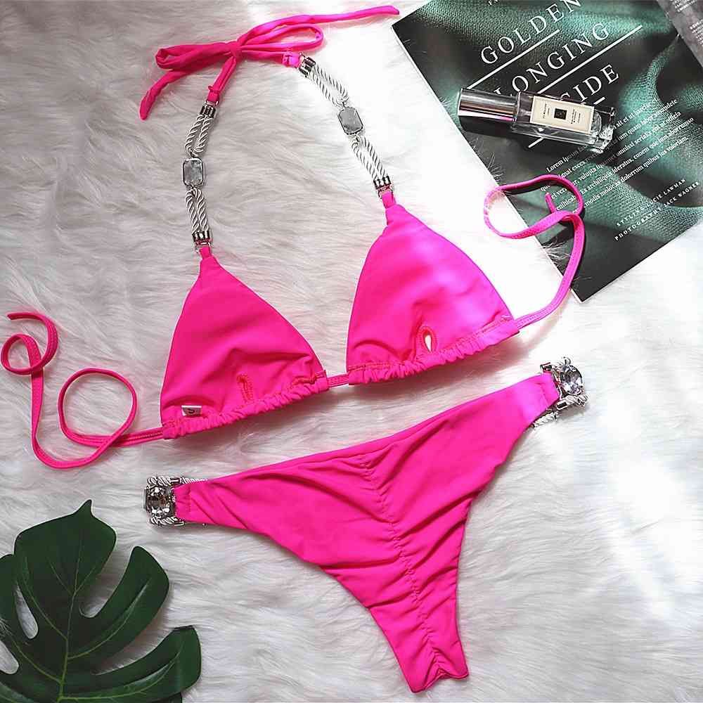 Crystal Diamond Bikini Women Sexy Swimwear Halter Push Up Swimsuit Female Two Pieces Set Bathing Suit 210521