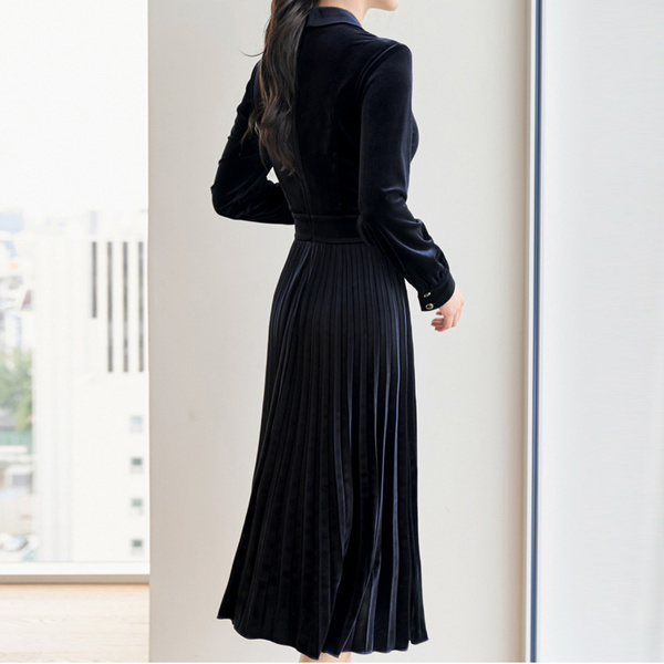 High Quality Spring Velvet Dress Women Elegant Long Sleeve Pleated Ladies Party es Casual Belted Winter Vestidos 210519