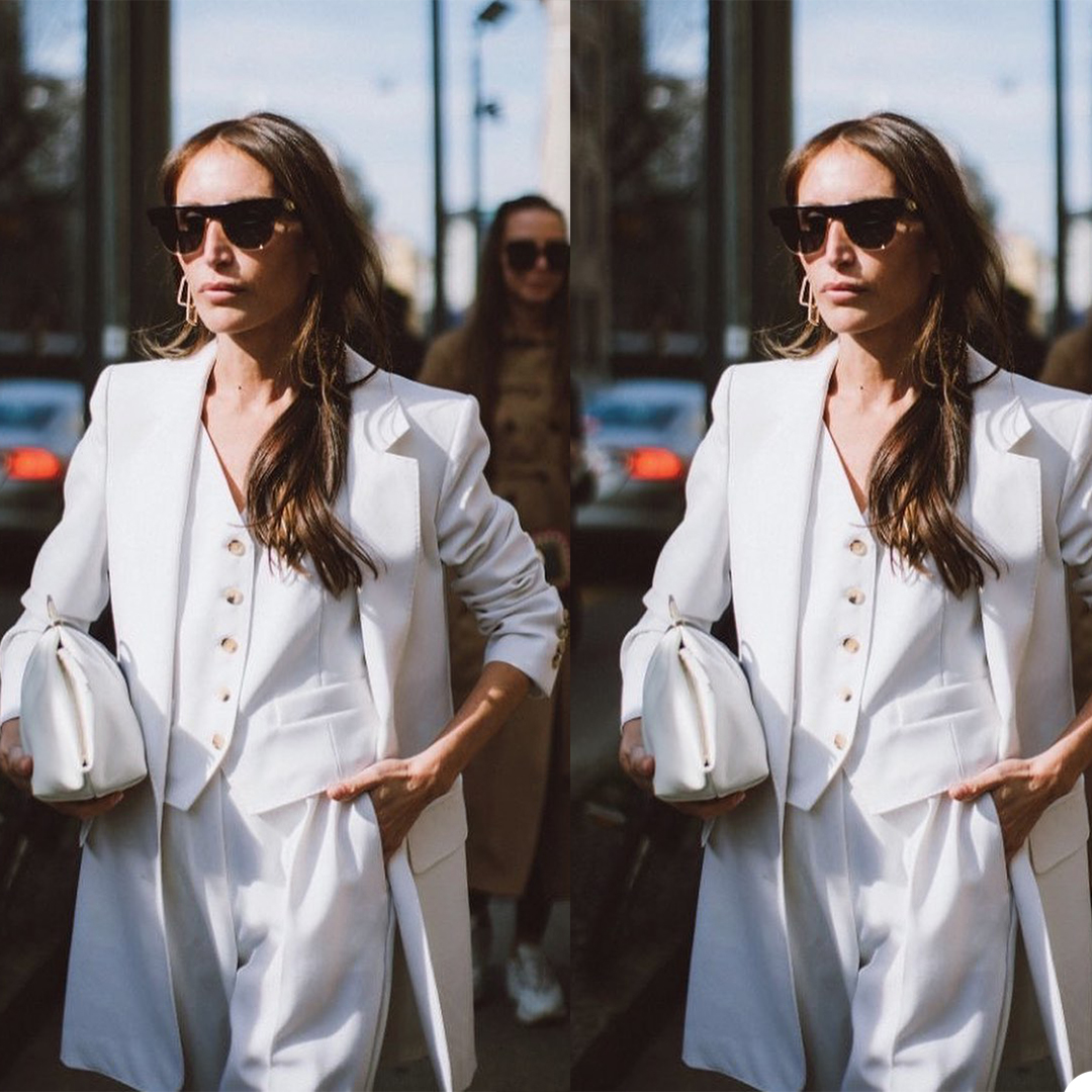 3 Pieces White Women Pants Suits Leisure Loose Two Button Long Blazer Suit Ladies Prom Party Wedding Outfit (Jacket+Vest+Pants)