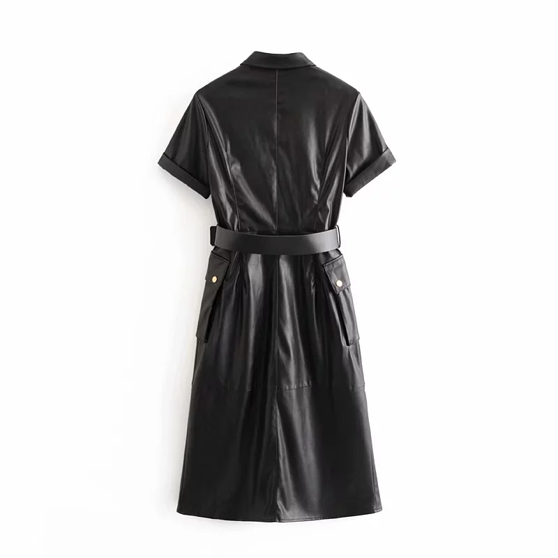 Winter button belt PU leather dress women midi Vintage casual short sleeve office black korean vestidos 210521
