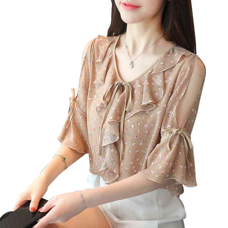 summer fashion printed blouse shirt women tops short sleeved blouses bow sweet flare sleeve chiffon shirts 0527 40 210506
