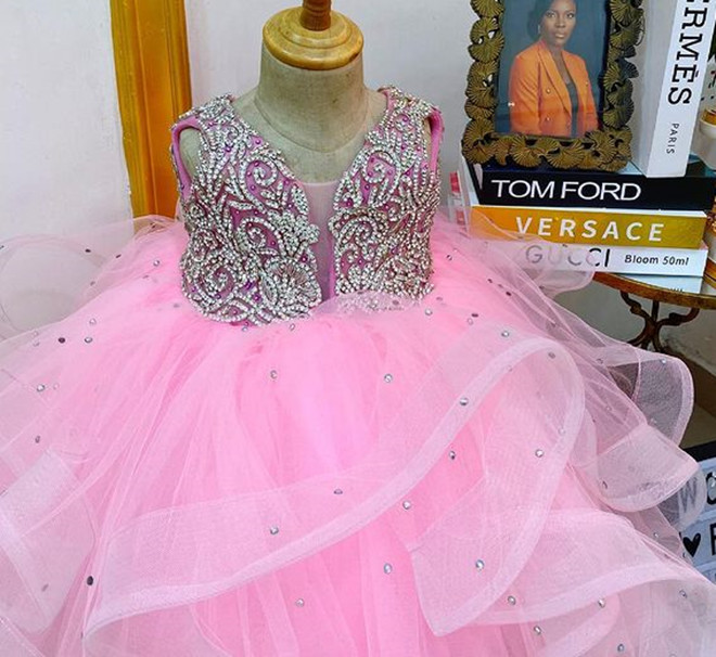 2021 Pink Luxurious Crystals Flower Girl Dresses Ball Gown Tulle Bow Lilttle Kids Birthday Pageant Weddding Gowns ZJ676