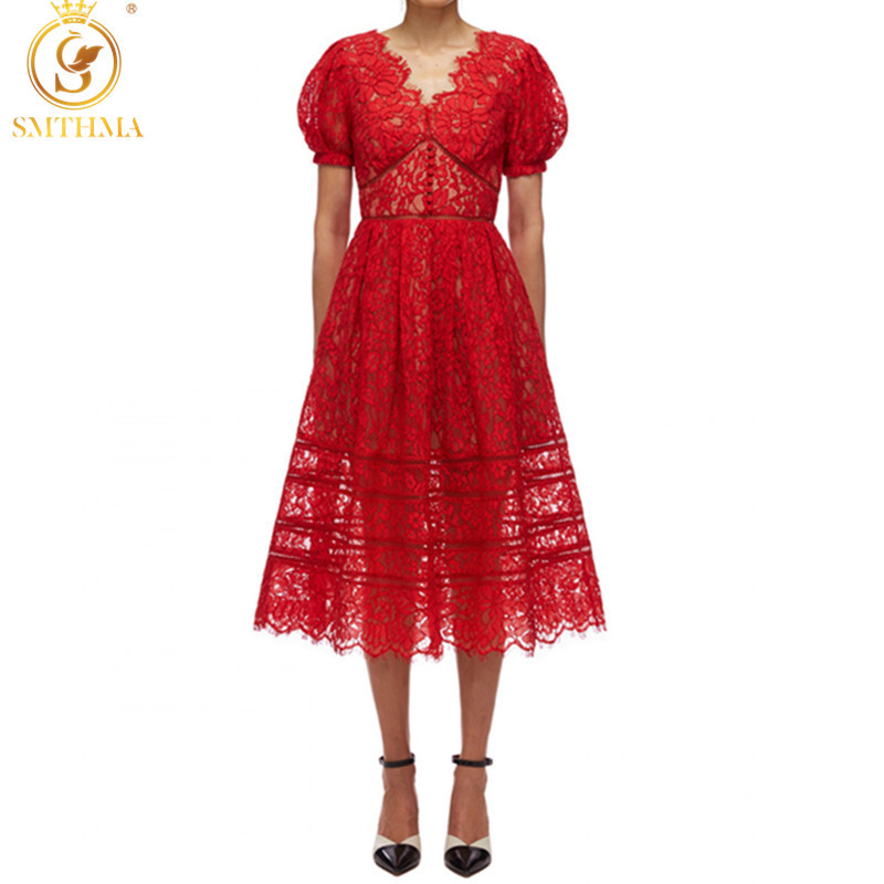 Fashion Runway Summer Short Sleeve Lace Long Dresses Women Vintage Vacation Beach Mid-Length Vestido Da Festa 210520