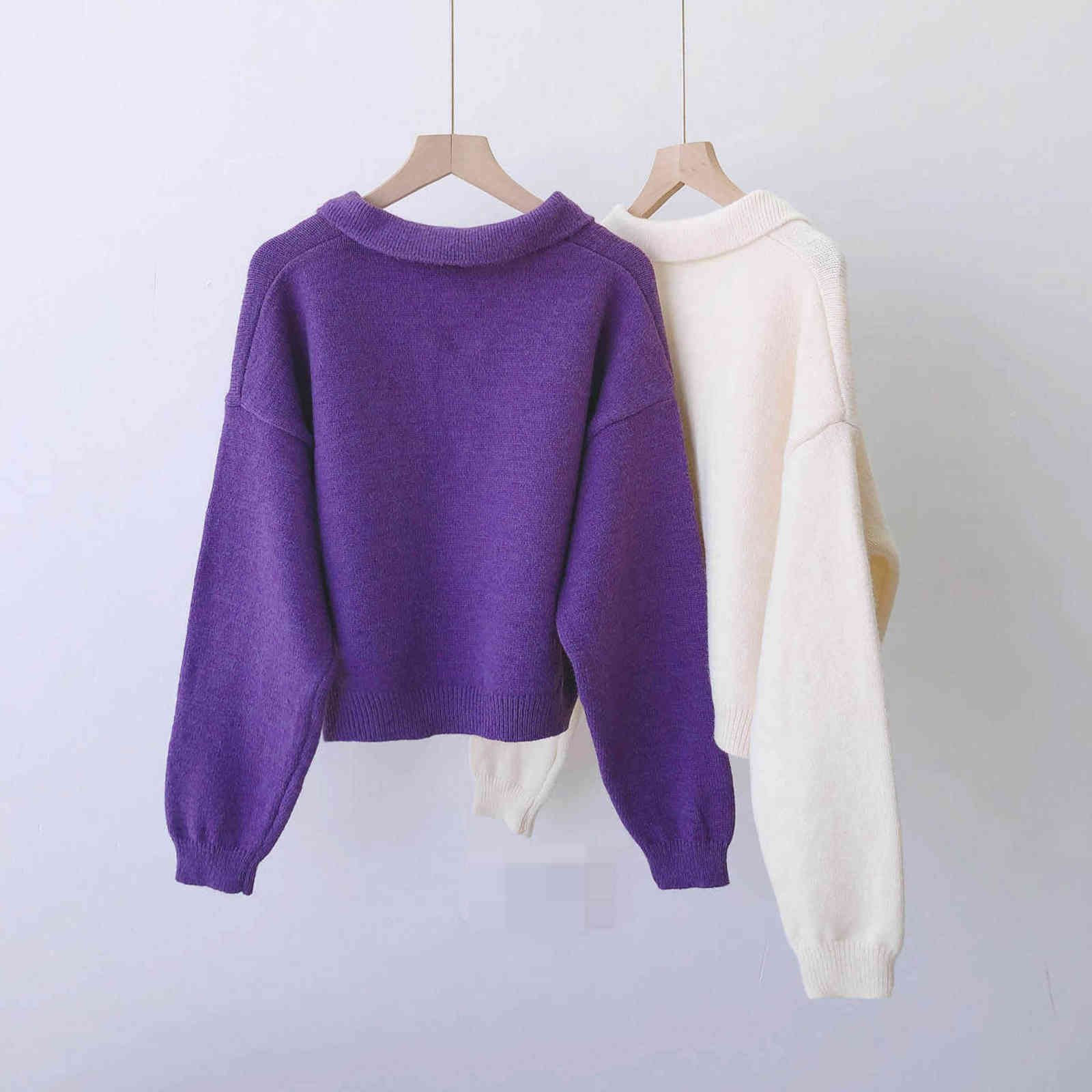 EBAIHUI Autumn Polo Pullover Sweater Women Loose Turn Down Collar Outerwear Soft Solid Short Knit Sweaters Top 211109
