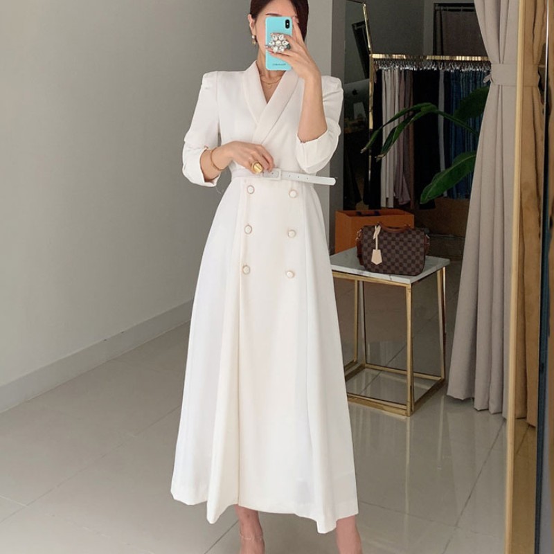 Elegant Double Breasted Lapel Women Party Dress Fashion Office OL Long Sleeve Belted Slim Waist Female Vestidos 210519