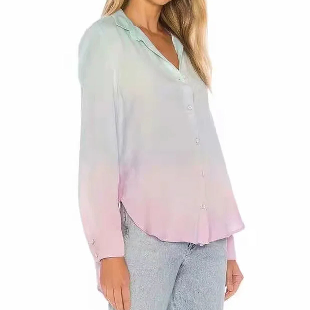 Autumn Fashion Button Up Silk Shirt Vintage Blouse Women Tie-Dyed Lady Long Sleeves Female Loose Street Shirts 210520