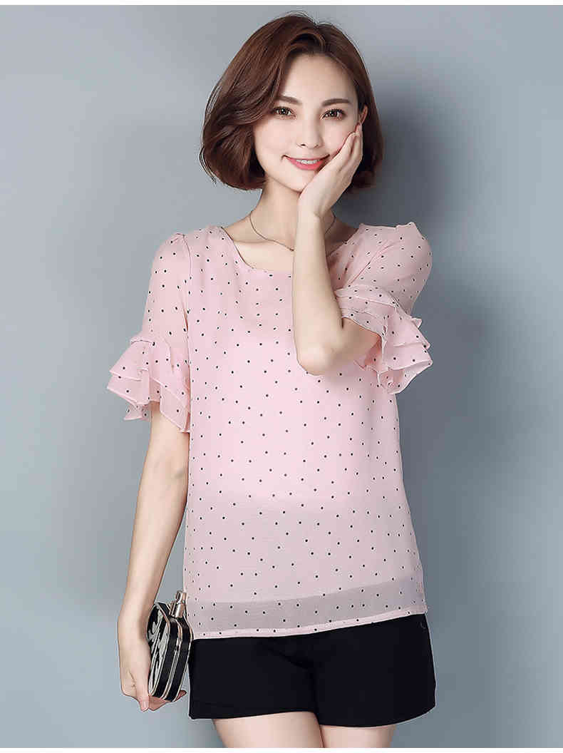 women's chiffon blouse short sleeve Plus Size 4xl 5xl polka dot thin Top Casual Shirt Femme Clothing Pink White 4010 50 210427