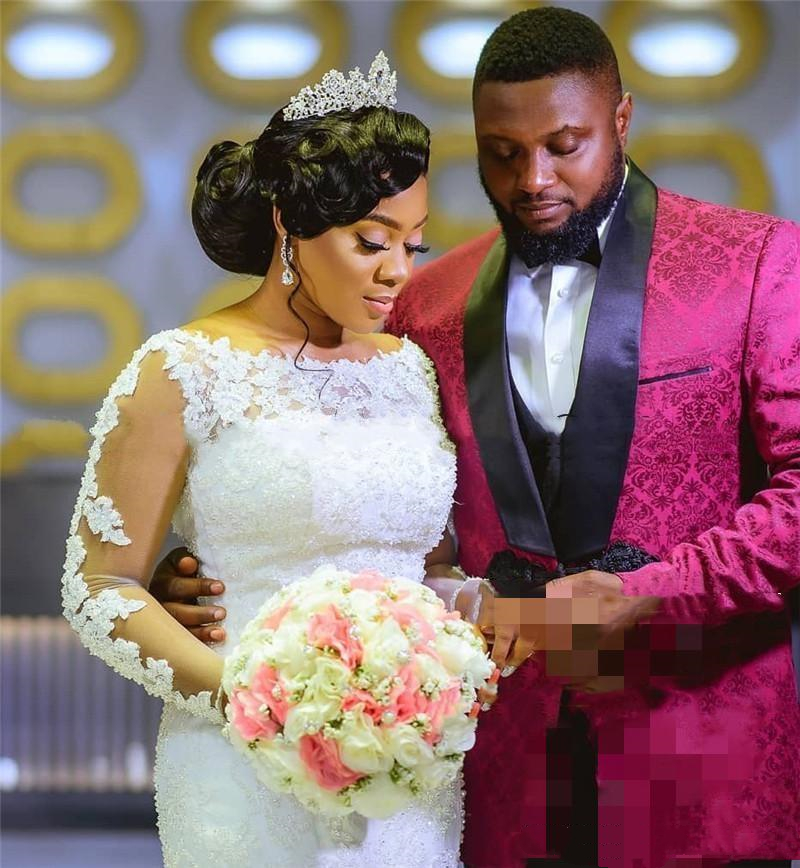 Gorgeous African Long Sleeve Mermaid Wedding Dresses 2022 Ruffles Court Train Trumpet Lace Appliques Wedding Gowns Back Lace-up Plus Size Robes de Mar