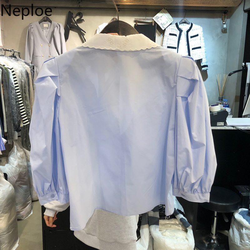 Neploe Sweet Puff Half Sleeve Women Shirt Korean Floral Embroidery Turn Down Collar Blusa 2021 Spring Summer Short Blouse 1A659 210317