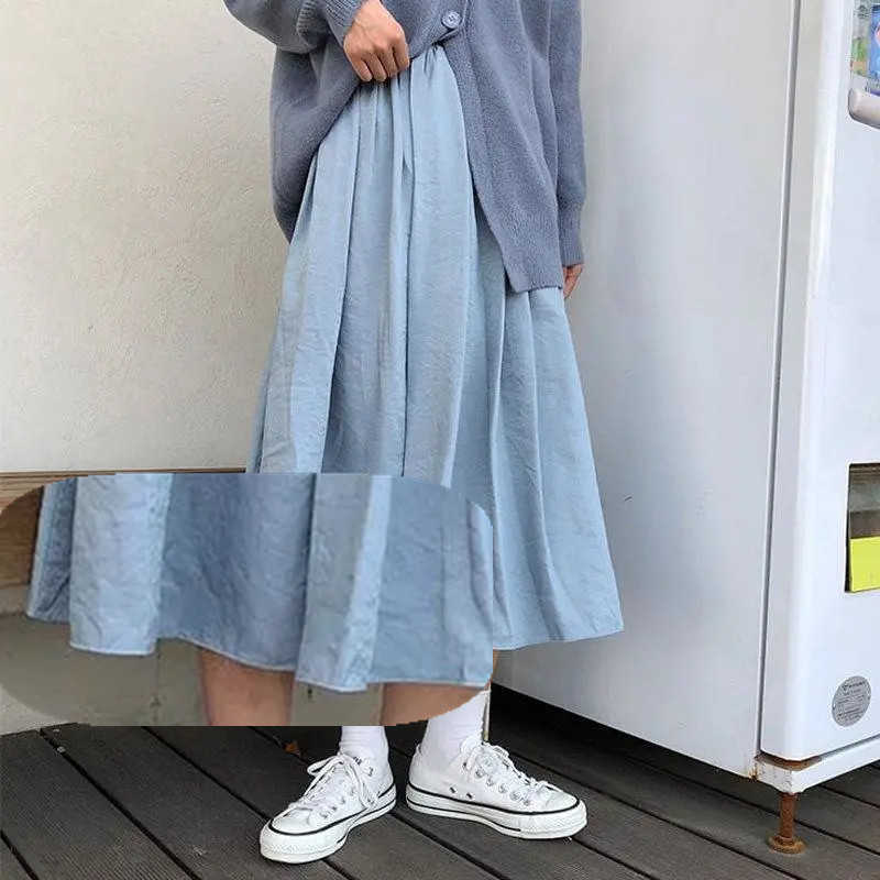 Spring And Summer Long Haze Blue Skirts Women High-Waisted Harajuku Elelgant Skits Japanese Style Campus Long Skirts 210619wtt