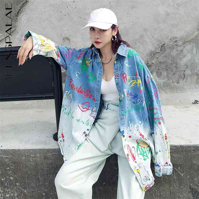 Graffiti Printed Gradient Blouse Women's Spring Lapel Large Size Single Breasted Long Sleeve Denim Shirt 210427