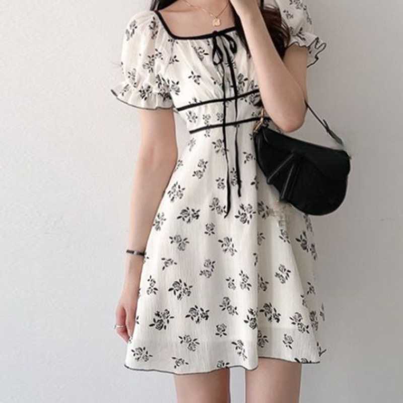 Vintage Floral Woman Dress Bow Tie Square Collar Puff Sleeve Dresses Summer Slim Waist Mini A-line Vestidos 6J864 210603