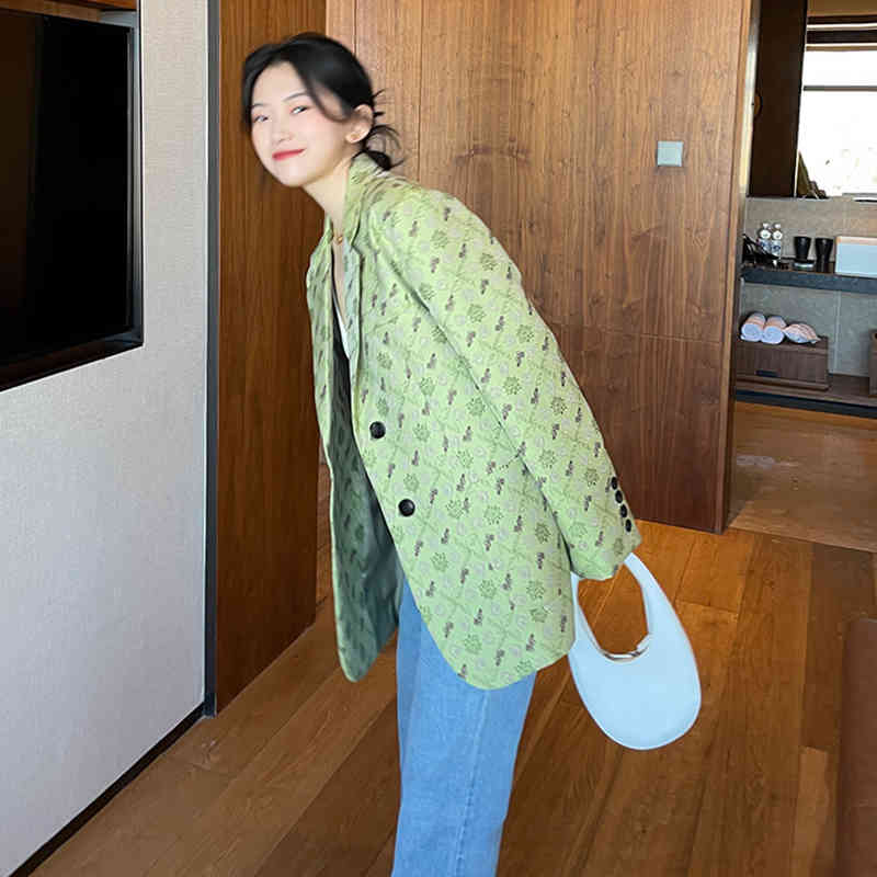 temperament Green Jacquard blazer women's spring autumn notched loose single breasted long sleeve suit coat 210427