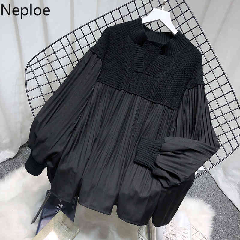Naploe Fall Clothes Vintage Sweaters Women Patchwork Loose Knitted Pullovers V-neck Lantern Sleeve Pleated Jumper Tops Female 210422