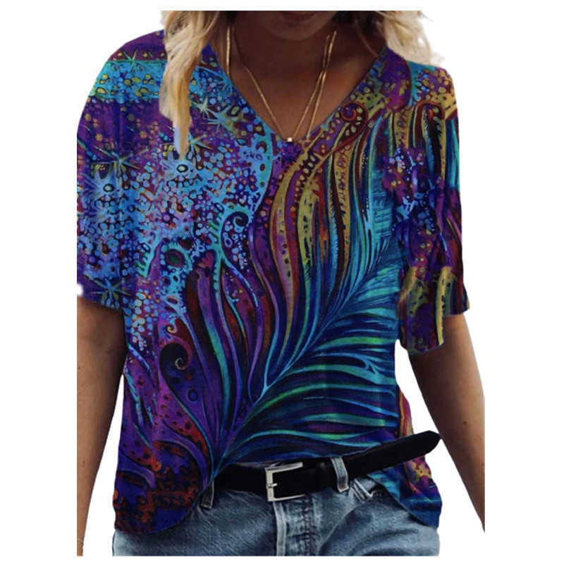 Summer Women T Shirt Casual 3D Abstract Painting Printed V-Neck Short Sleeve Loose Tops Plus Size Streetwear Tee Top Ladies 210526