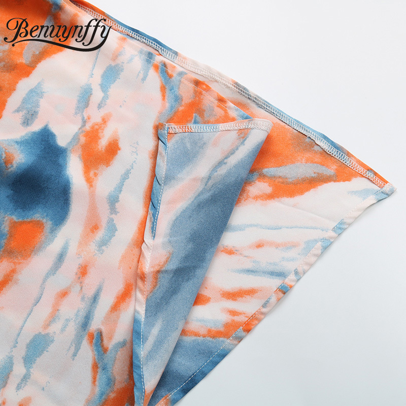 V-neck Half Sleeve Tie Dye Shirt Dresses Women Summer Casual Fashion A-line Split Midi Dress with Belt 210510