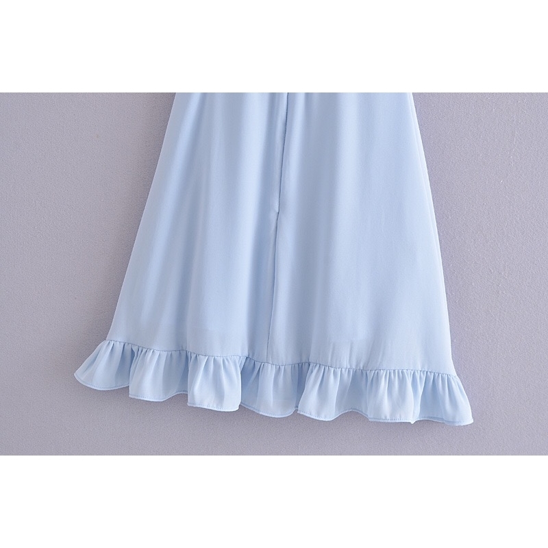 Summer Plain Blue Color Women Sling Dress Ruffles hem Tie Bow Strap Sleeveless Mini Sexy Beach Holiday Vintage 210429