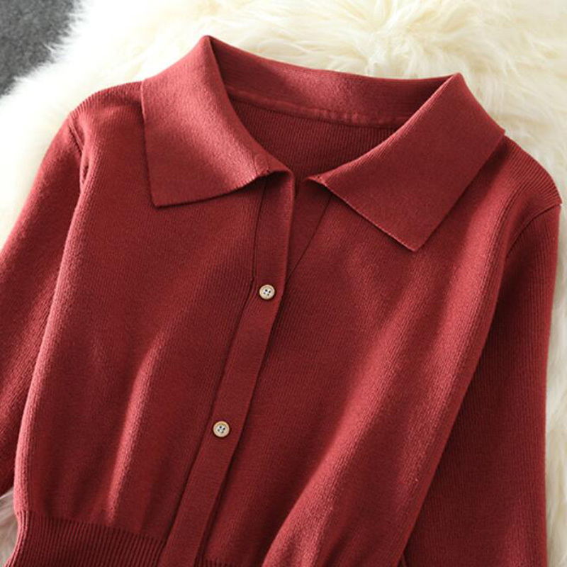 Women Kintted Dresses Fashion Arrival Long Sleeve A-line Midi Dress Women Casual Single-breasted Sweater Dress 210521