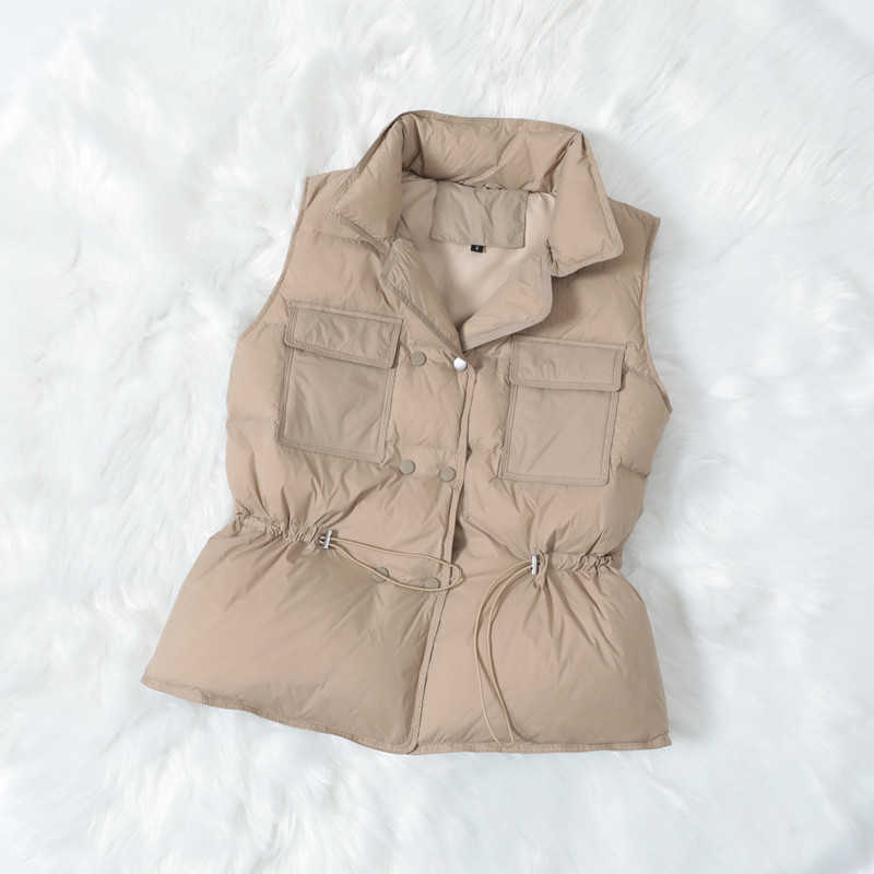 LY VAREY LIN Down Coats Vest Women Winter Pockets Drawstring Stand Collar Sleeveless Double Breasted Loose Short 210526