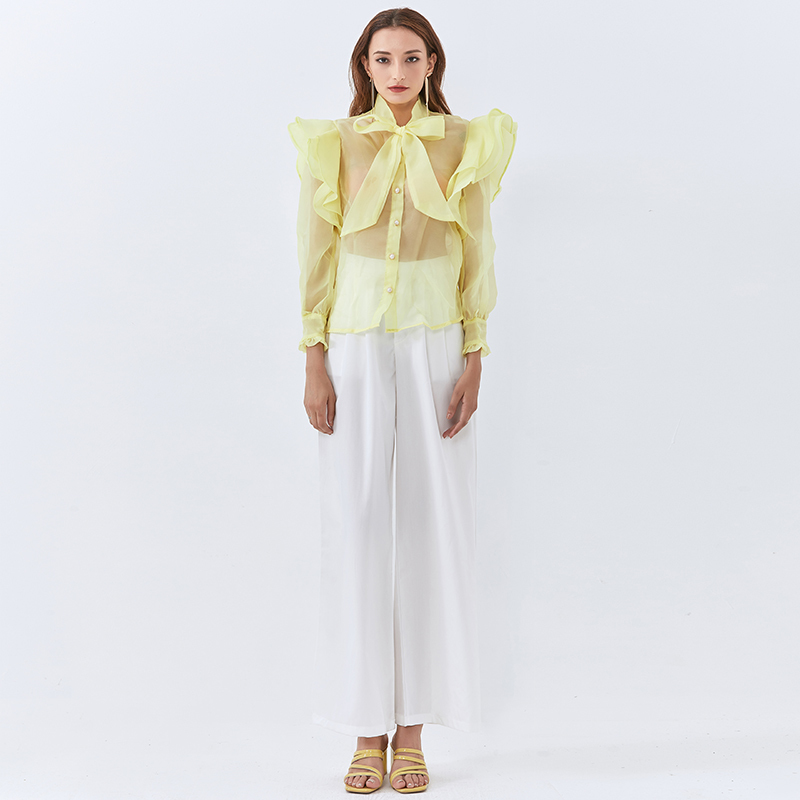 Bowknot Shirt For Women Stand Collar Lantern Long Sleeve Bohemian Style Ruffles Blouse Female Autumn Clothing 210524