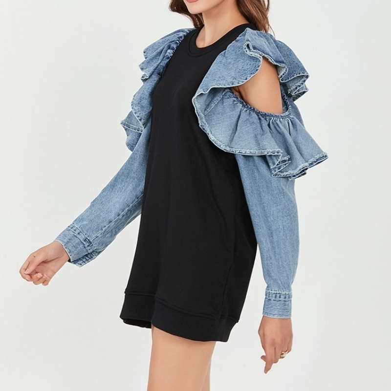 Nomikuma Women Sweatshirt Causal Strapless Ruffle Patchwork Long Sleeve Hoodies Spring New Causal Pullover Top Jumper 6D928 210427