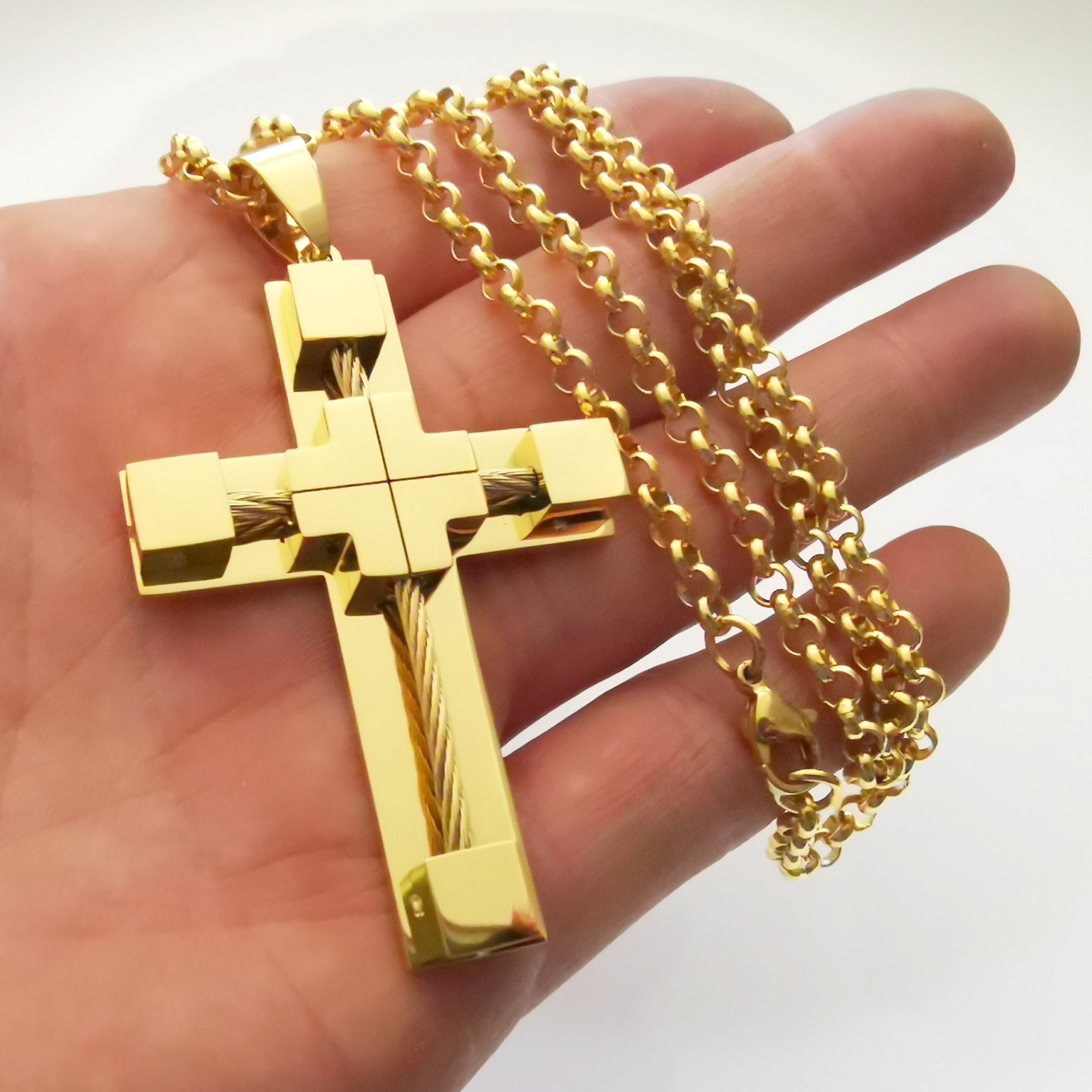 Men's Cross Necklace 316L Stainless Steel Jesus Christ Pendant White/Gold/Rolo Chain Jewelry 4MM 24 INCH