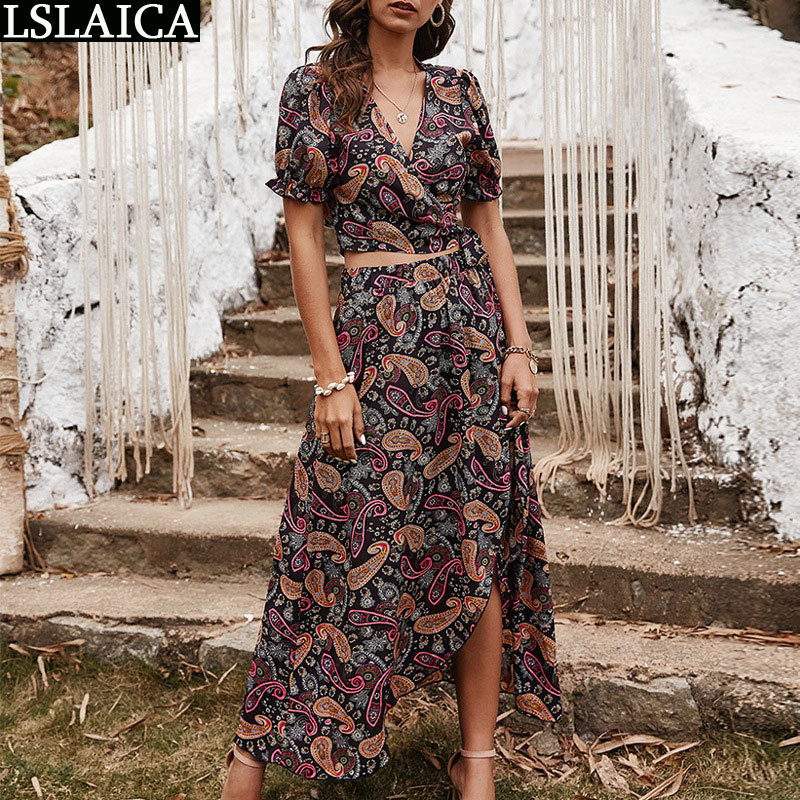 Women Sets Clothes Short Sleeve Top&long Skirt Print Vintage Fashion Elegant 2 Piece Streetwear Outwear Two Summer 210515