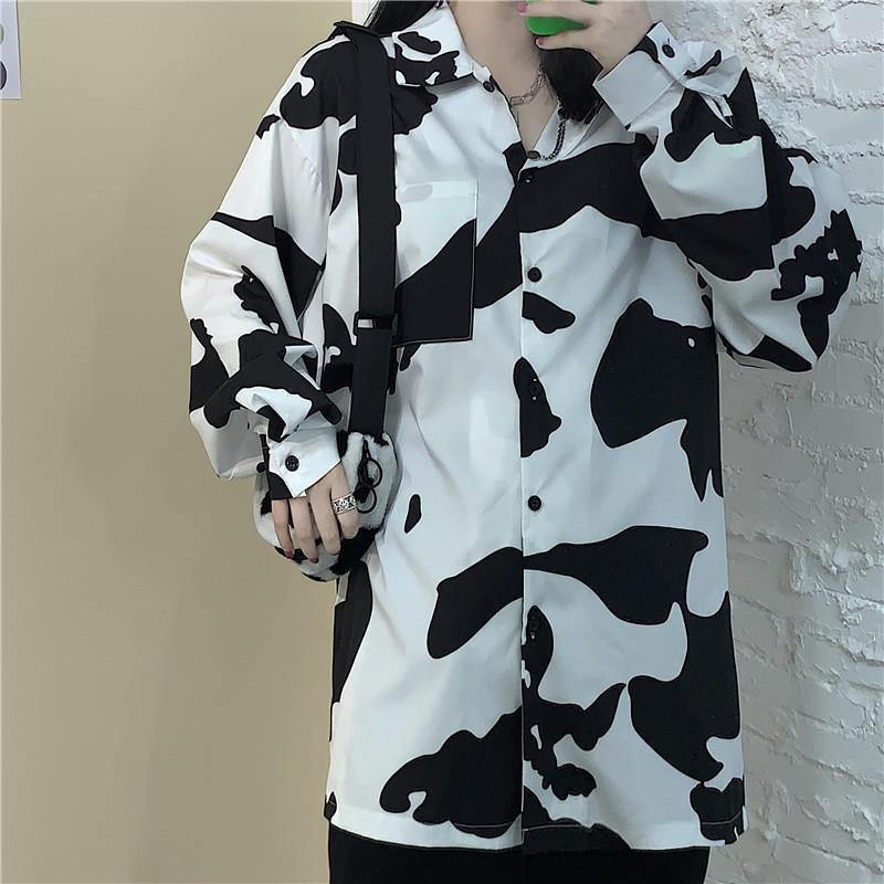 Long Sleeve Blouse Shirts Vintage Cow Print Female Loose Casual Street Lady Korean Plus Size Top 210510