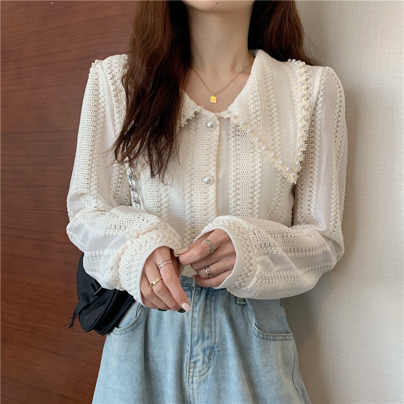 Plus Size L-4XL Spring Fashion Women Long Sleeves Peter Pan Collar Tops Shirts Elegant Lace Office Ladies Hollow Out Blouses 210515