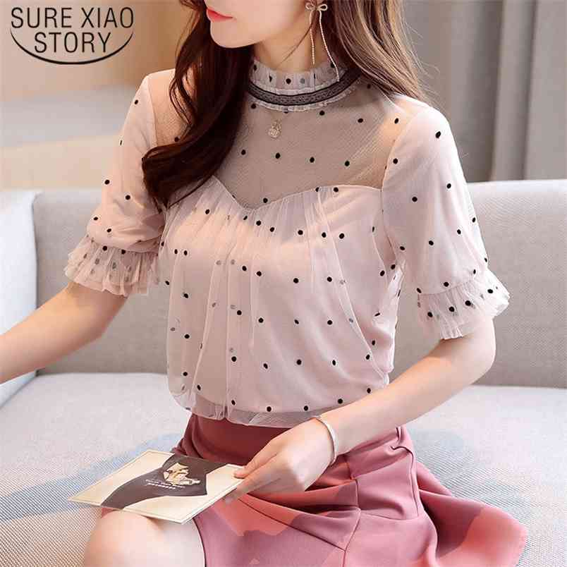Korean Fashion Clothing Short Sleeve Polka Dot Summer Tops Blusas Mujer De Moda Mesh Chiffon Blosue Women Clothes 8852 50 210506