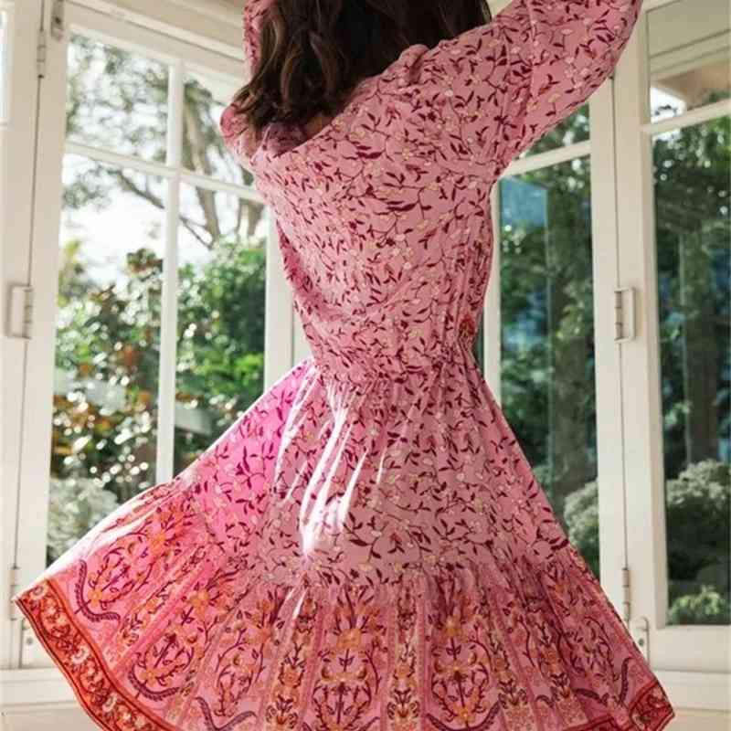 Bohemia V neck Location Floral Print Lantern Long Sleeve Short Dress Hippie Woman Adjustable Lacing up Waist Holiday Dresses 210429