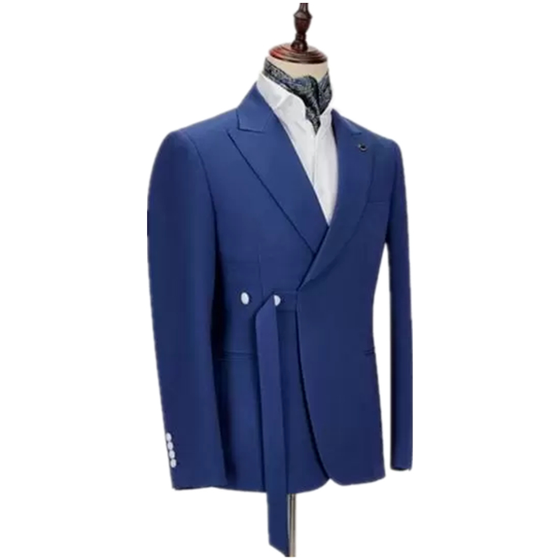 Navy Blue Mens Suits Wedding Tuxedos Two Pieces Groom Formal Wear Cutom Made Man Jacket Pants Prom Party Blazer Slim Fit Sash one Buttons Male Suit Pe