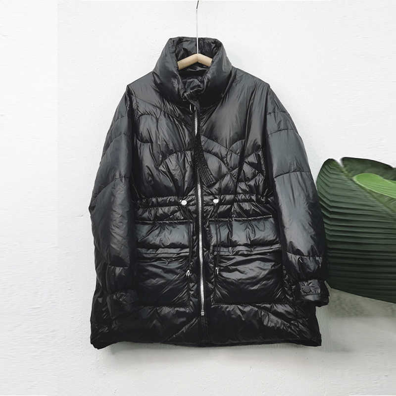 Janveny Winter Women Lightweight 90% White Duck Down Coat Thick Warm Long Sleeve Loose Puffer Jacket Pocket Snow Parkas 211018