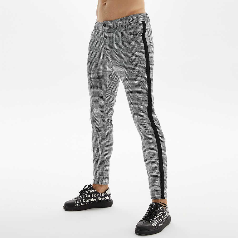 Mens Streetwear Chinos Plaid Casual Pants Fitness Men Skiny Bottom Jogger Sweatpants Fashion Trousers Stripe Track 210818