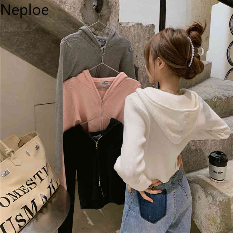 Neploe Cropped Hooded Sweater Women Double Zipper Cardigan Coat Sweet Fashion Knitted Tops Wild Long Sleeve Sueter Mujer 4l184 210422