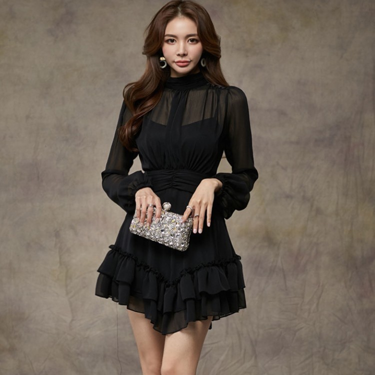Korea Fashion Chiffon Stand Collar Women Elegant Party Dress Spring Office OL Long Sleeve Ruched Ruffles Mini Dress 210518