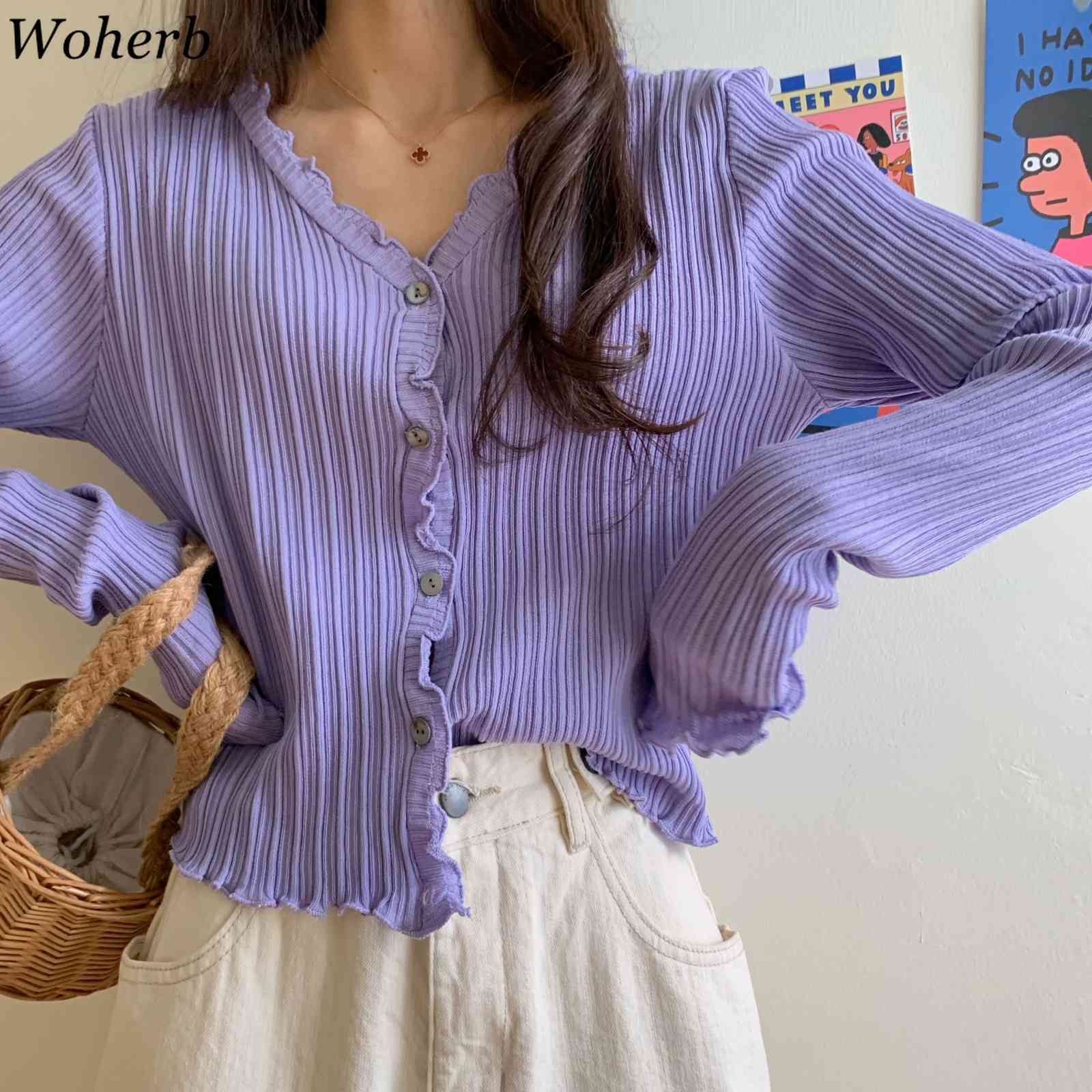 Casual Women Spring Autumn Thin Cardigan Solid Sweet Ruffle Korean Crop Kardigan Lady Chic Sweaters Pull Femme 210519