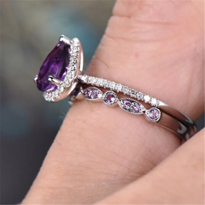 Choucong Unique Amethyst CZ Dia Water Drop Gemstones Women Couple Bridal Ring Set