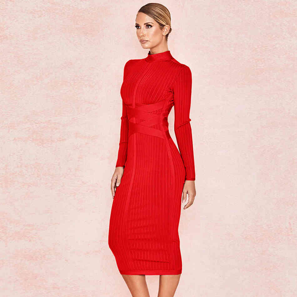 Free shippin Arrival Women Midi Bandage Dress Red Sexy High Neck Long Sleeve Bodycon Rayon Party es 210524