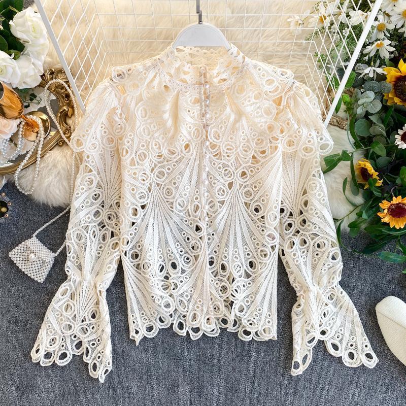 Women's Blouses & Shirts Lace Shirt Long Flare Sleeve Stand Neck Blouse 2021 Autumn Single Breasted Blusas Hollow-out Vintage Korean Women, Black
Women's Blouses & Shirts Lace Shirt Long Flare Sleeve Stand Neck Blouse 2021 Autumn Single Breasted Blusas Hollow-out Vintage Korean Women, Black