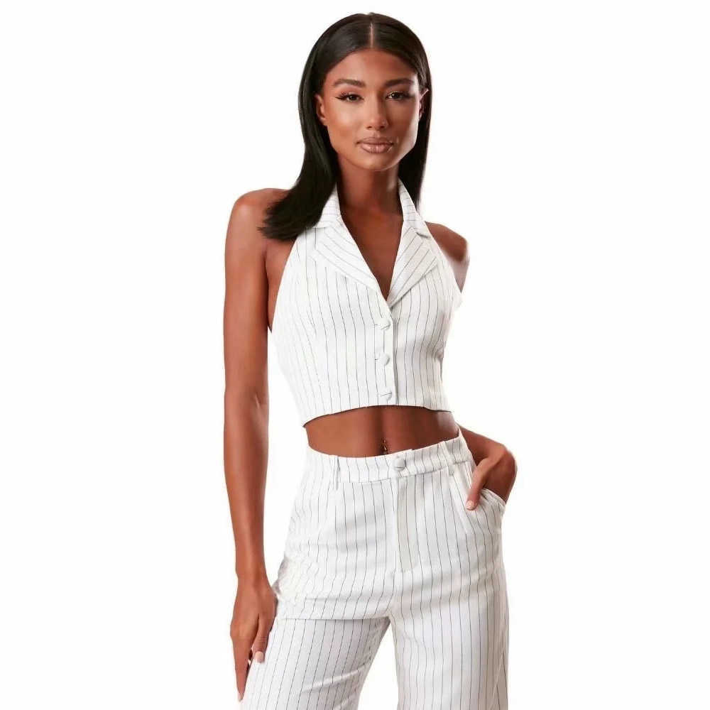 Summer Latest French Retro Striped Lapel Short Vest Female Sleeveless Sexy Backless Slim Short Top Single Breasted Suit Vest 210910
