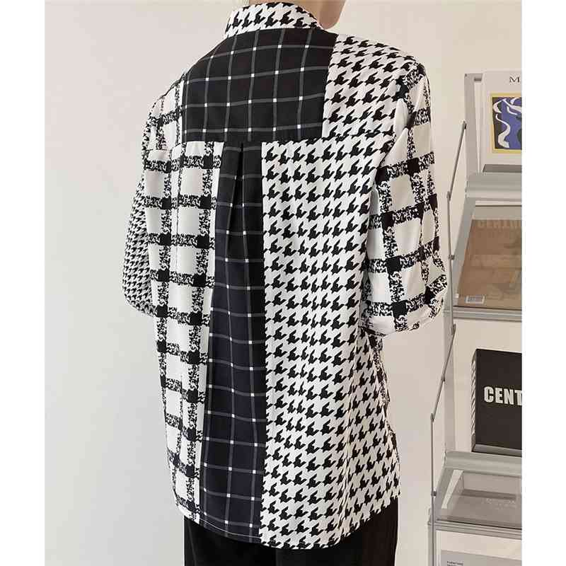 Causal Women Black White Plaid Patchwork Shirts Fashion Ladies Stand Collar Tops Streetwear Female Chic Button Blouses 210430