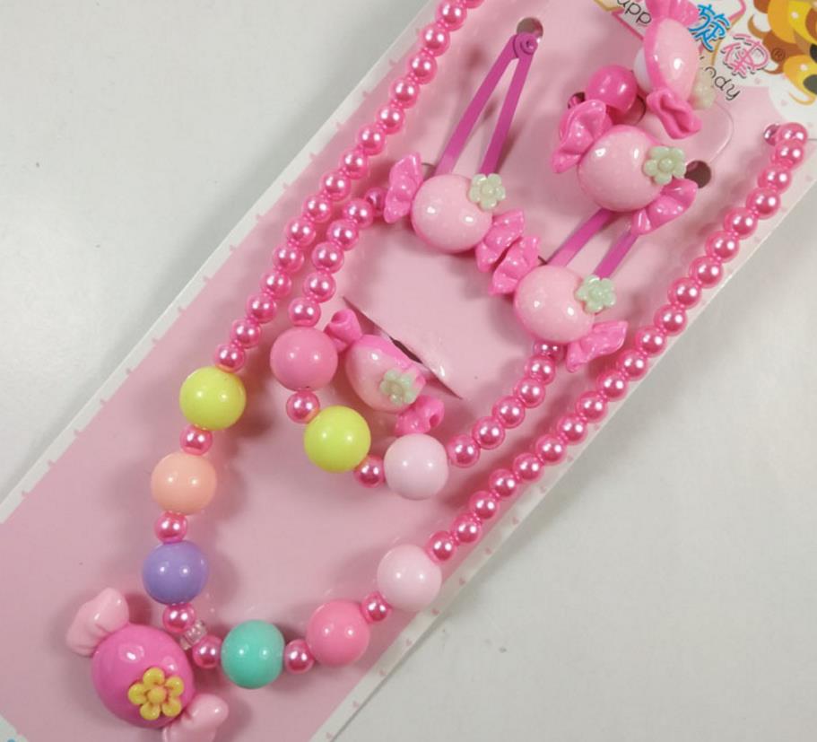 Kids gift jewelry set girl pearl beads cartoon pendants necklace bracelet ring hair clip hairband Sets Christmas Party Favor bag filler prize pink