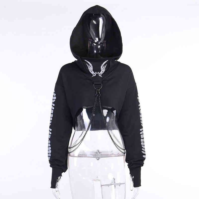 Women Gothic Reflective Print Hoodies Crop Top Pullover Sweatshirt Jumpers with Detachable O-ring Chain 220210